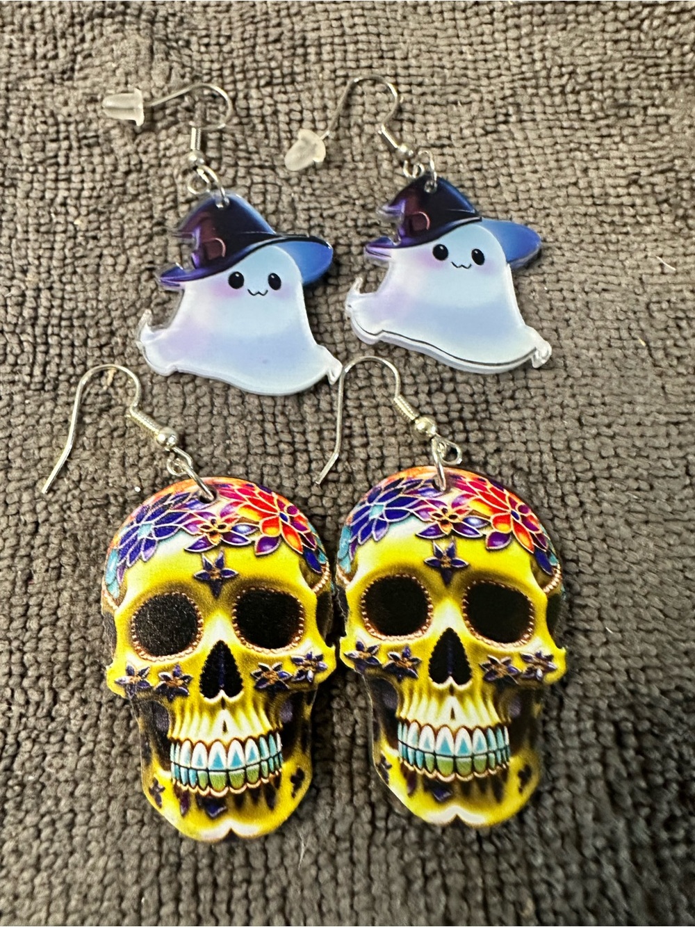 Cute Ghost and Colorful Sugar Skull Earrings - Yellow, Purple, Blue